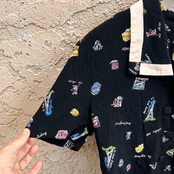 Vintage Perceptions Paris Print Blouse Eiffel Tower Cropped Button Top Size 8 - Picture 4 of 5